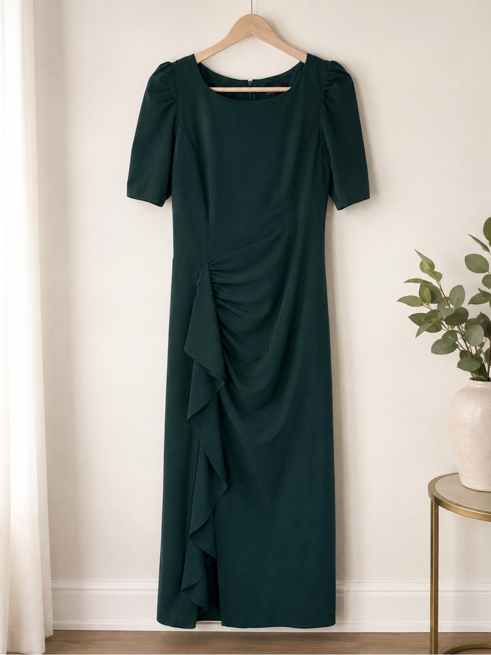 Elegant Forest Green Ruffle-Front Maxi Dress